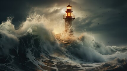 Lighthouse in stormy sea.