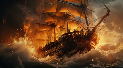 Pirate ship in stormy sea at evening