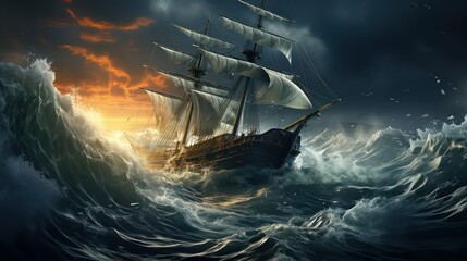 Pirate ship in stormy sea.