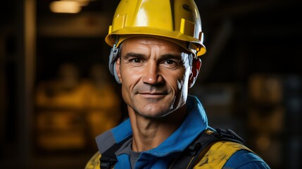 Portrait of a mature male worker wearing a hard hat in a warehouse