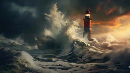 Stormy sea with lighthouse and shore clouds