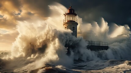 Stormy sea with lighthouse. Elements of this image furnished