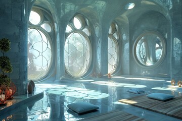 Futuristic Meditation Room With Large Glass Windows