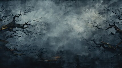 Very dark forest background with smoke and fire.