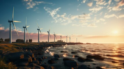 Wind turbines on the seashore at evening. Alternative energy source.