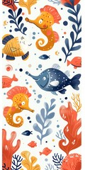 Fototapeta premium Underwater creatures and plants seamless pattern