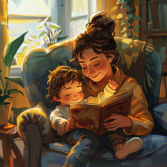 Cozy Mother-Child Reading Session in a Sunlit Room with Houseplants