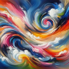 An abstract painting with bold strokes of vibrant colors swirling together on a canvas
