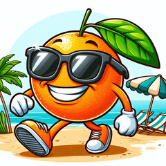 Illustration of a Smiling Orange Wearing Sunglasses Walking on the Beach