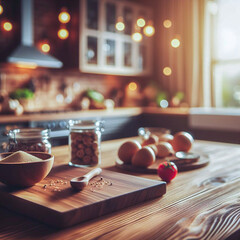 Wooden board with various ingredients for cooking in modern kitchen interior.