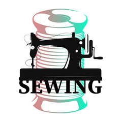 Hand sewing machine and spool of thread. Design for cutting and sewing