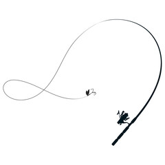 Fishing rod with bait on a line and reel. Silhouette for fishing and outdoor activities
