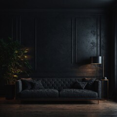 Modern dark home interior background, wall mock up, 3d render