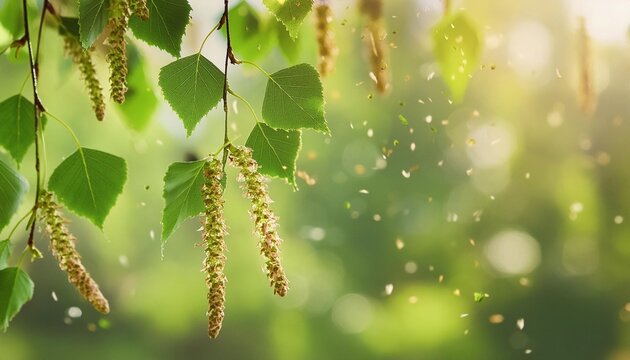 closeup of flowering birch tree branches with pollen dust in spring isolated on blurred background pollen allergy season concept