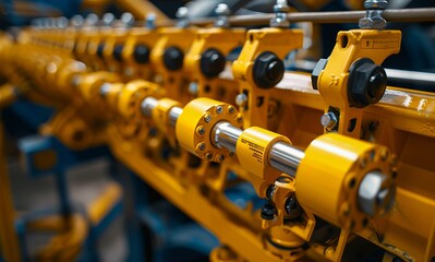 A close up of a yellow machine with many parts.