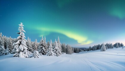 winter landscape with aurora borealis blue sky banner with copy space