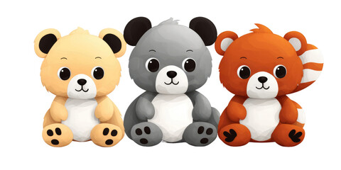 set of panda, elephant and red fox stuffed fluffy plushie animal toys isolated on a transparent background 