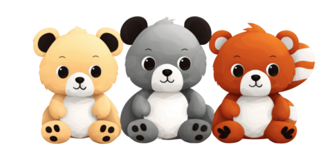 set of panda, elephant and red fox stuffed fluffy plushie animal toys isolated on a transparent background