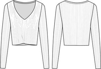 Women's Basic, Crop, V-Neck Rib Jumper. Technical fashion illustration. Front and back, white color. Women's CAD mock-up.