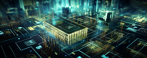 Futuristic cityscape with circuit board elements representing the interconnectedness of the tech industry interconnectedness, interconnected, tech industry, futuristic city, digital Generative ai