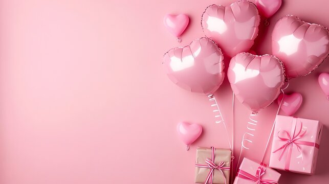 Pink balloons and gifts on a pink background.