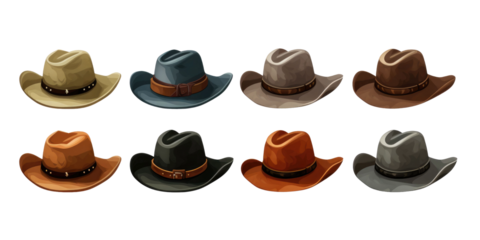 men and women derby floppy hats and top hat in different colors and formal style decorated with flowers isolated on a white transparent background