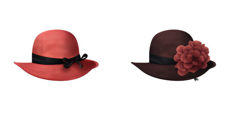 set of stylish women derby floppy hats and top hat in different colors and formal style decorated with flowers isolated on a white transparent background