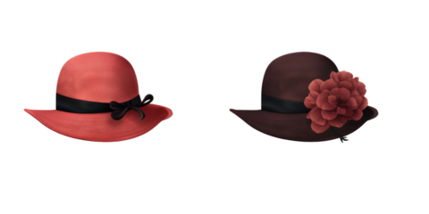 set of stylish women derby floppy hats and top hat in different colors and formal style decorated with flowers isolated on a white transparent background