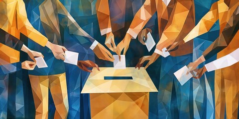 illustration of people standing around the ballot box and casting their votes, only their hands being shown, geometric art, in tones of dark indigo and light caramel