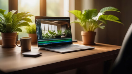 Fototapeta premium Wooden desktop with computer, laptop, cup of coffee and lively green potted house plants near the window. Concept: cozy home office. Styled blogger's workplace.