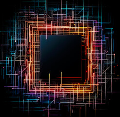 A black square in the middle surrounded by a tangled network of glowing neon lines, the lines crossing and overlapping each other. AI,Generation.