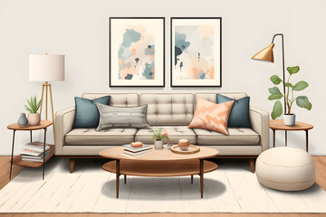 3d illustrated vintage style livingroom couch, vintage style couch illustration, illustrated couch