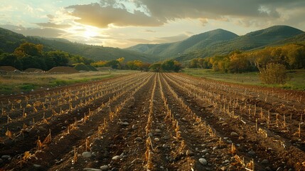 A field of crops with a sun setting in the background - Powered by Adobe