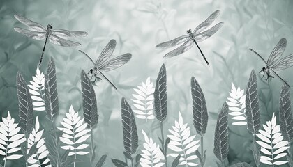 black and white seamless background decorative flowering herbs and dragonflies - Powered by Adobe