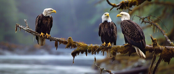 Two bald eagles, regal and powerful, perched together on a lush, moss-covered branch in nature. - Powered by Adobe