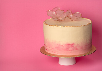 Blank food photography of birthday cake; decorated; cake; biscuit; cream; pink; flower; delicate; celebration; pastry; dessert; sweet; birthday party; artisan; bake; bakery; baking