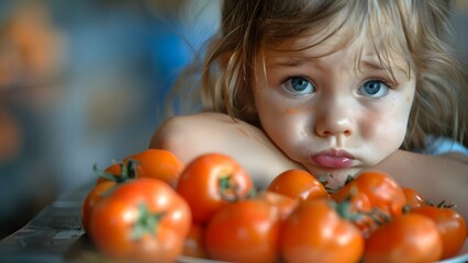 Child's Mealtime Struggles: Sulking at Plate of Vegetables and Healthy Eating. Concept Mealtime Battles, Picky Eaters, Nutrition Challenges, Family Dinner Dynamics, Encouraging Healthy Eating