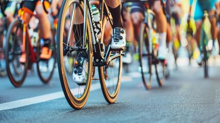 Professional cyclists in racing sports gear riding on open road cycling route in close up view