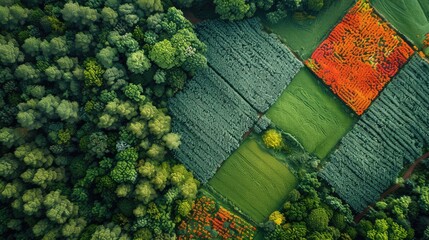 A patchwork of green and orange fields with trees in the background - Powered by Adobe