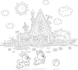 Funny little kitten and puppy merrily playing with a ball in a yard of a pretty village house in countryside on a sunny summer day, black and white vector cartoon illustration for a coloring book