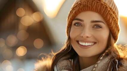 Young Woman Smiling in Beanie at Sydney Opera House. Concept Portrait Photography, Urban setting,...