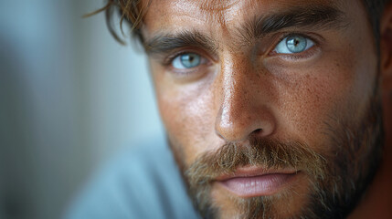 Fototapeta premium Professional studio photo portrait of a attractive handsome man, beautiful guy with beard, a person, with a pronounced emotional expression, widescreen 16:9