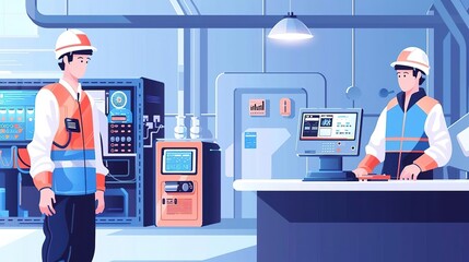 Two engineers in hard hats and safety vests are working in a control room. One is standing, looking at a machine, while the other is sitting at a computer terminal.