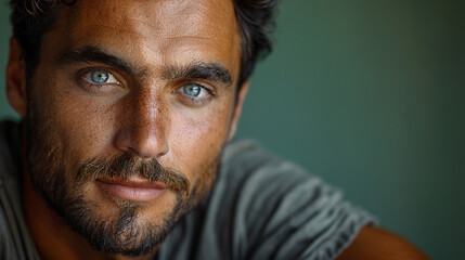 Fototapeta premium Professional studio photo portrait of a attractive handsome man, beautiful guy with beard, a person, with a pronounced emotional expression, widescreen 16:9