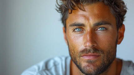 Obraz premium Professional studio photo portrait of a attractive handsome man, beautiful guy with beard, a person, with a pronounced emotional expression, widescreen 16:9