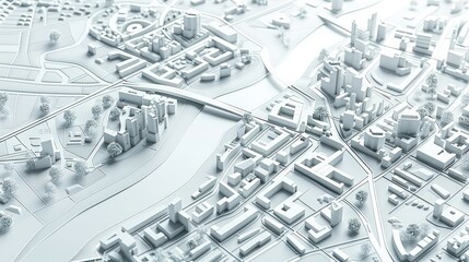 3D rendering of a white Map scene with City roads and Buildings
