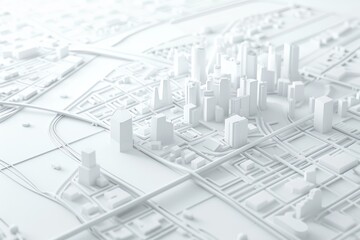 3D rendering of a white Map scene with City roads and Buildings