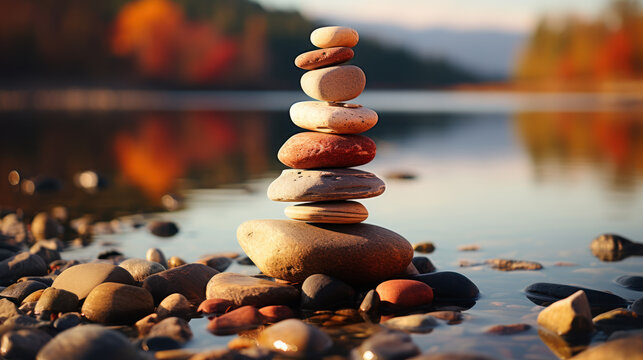 Pile of zen stones by Tranquil Lake at sunset.Generative ai