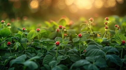 A field of green plants with red flowers - Powered by Adobe