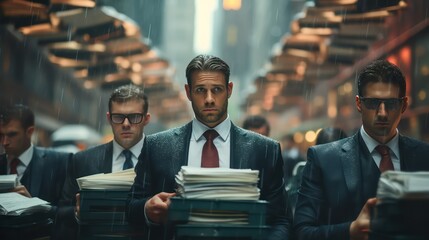 Businessmen with files in the rain. Business people in the rain.